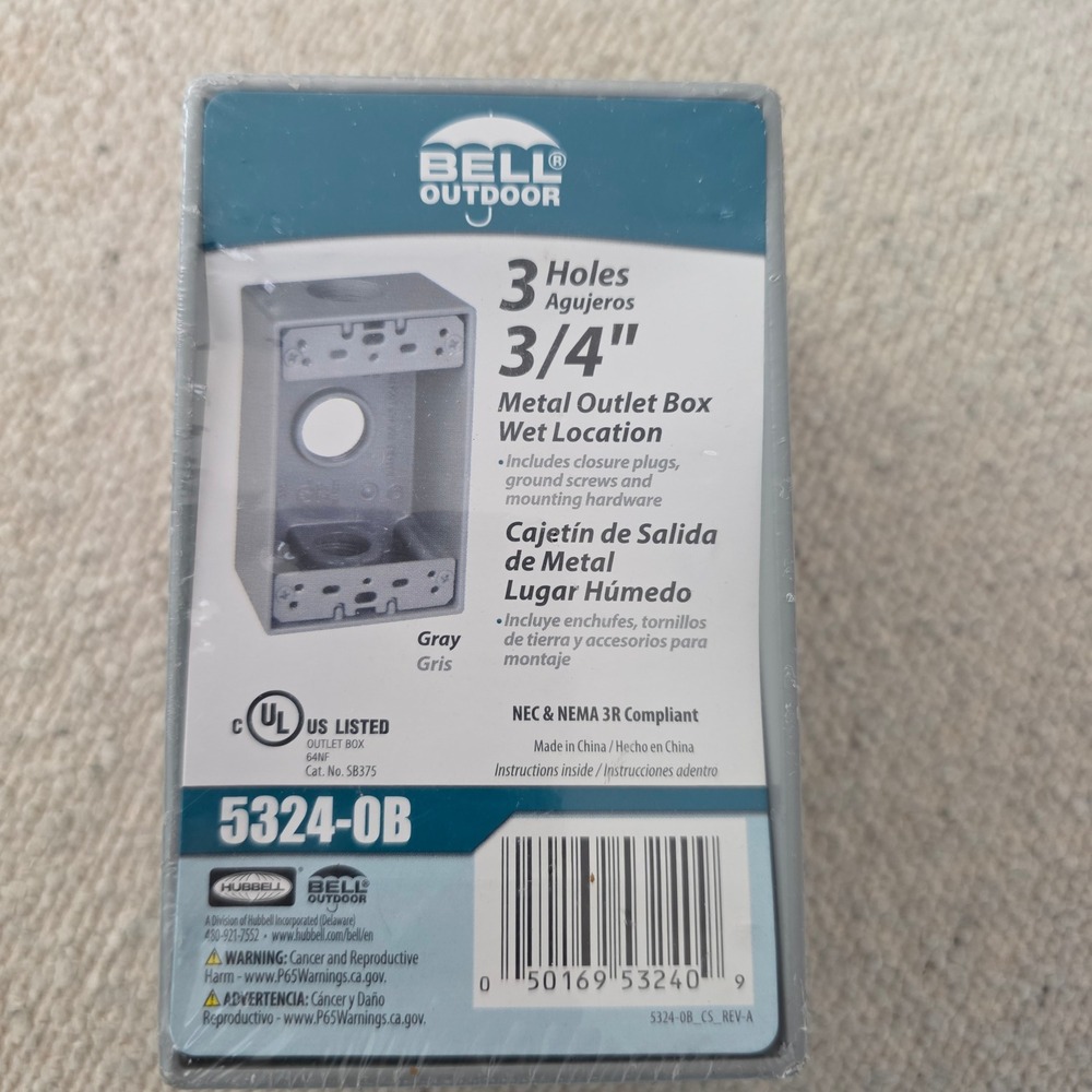 Hubbell Bell 5324-0B Weatherproof Outlet Box 3 Holes 3/4 In Gray Aluminum